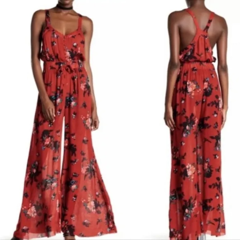 NWT Free People One Moonlight Garden Wide Leg Jumpsuit Red Floral SZ S